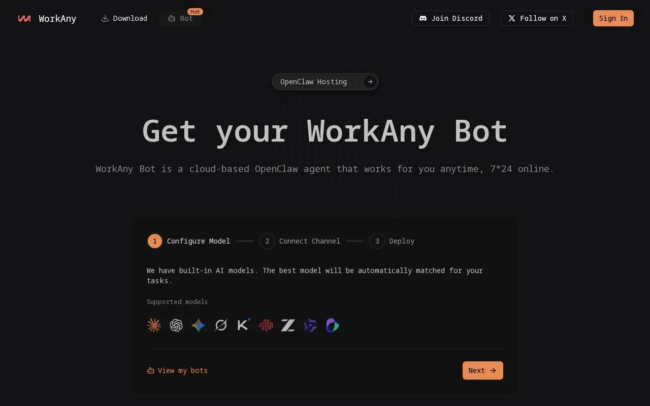 WorkAny.bot：一个 7×24 在线运行的云端 AI Agent 助手